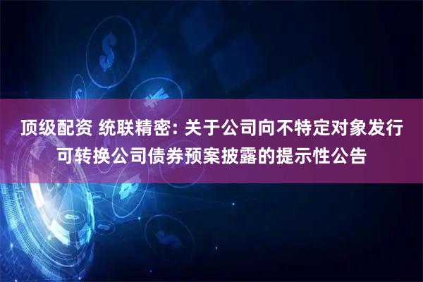 顶级配资 统联精密: 关于公司向不特定对象发行可转换公司债券预案披露的提示性公告